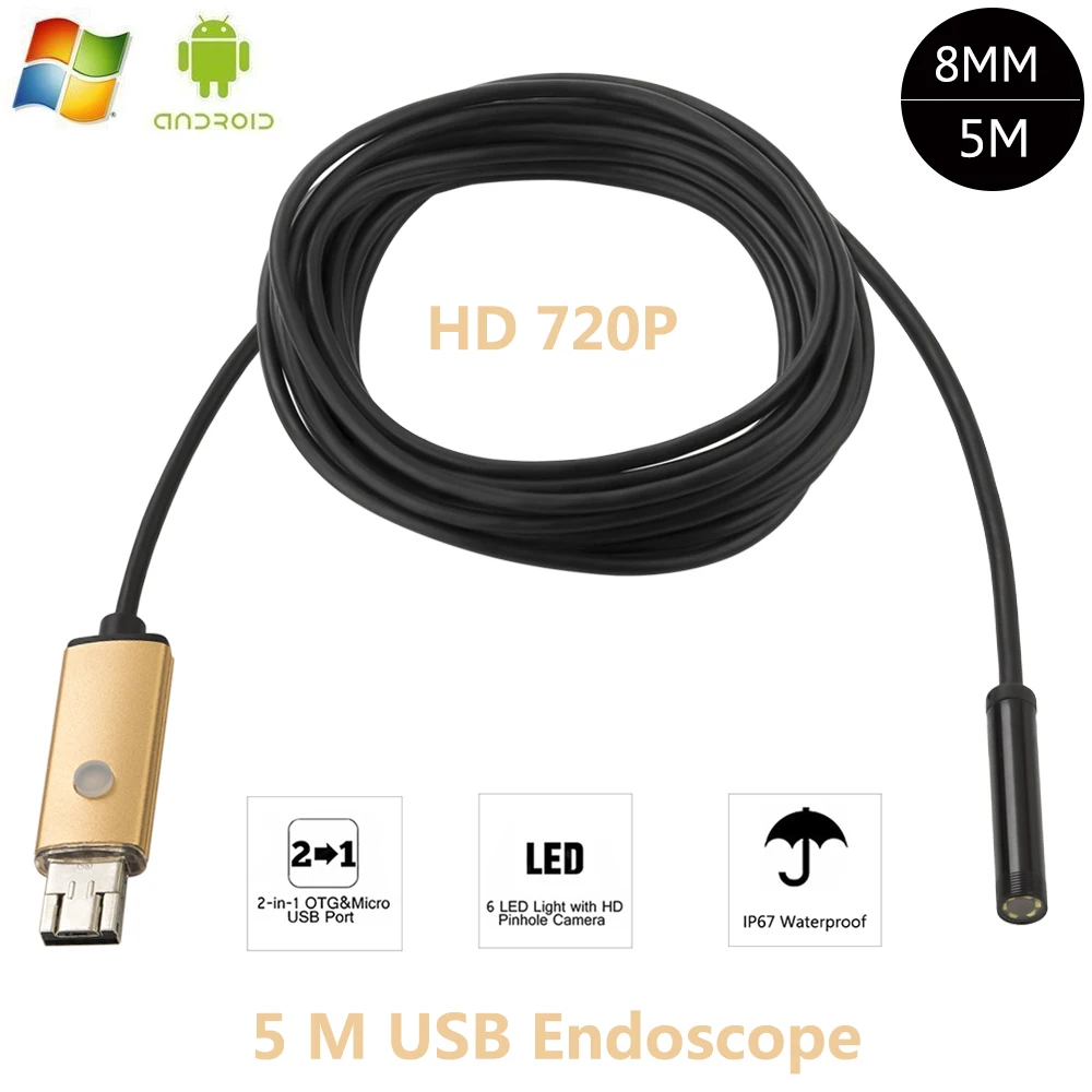 Камера Эндоскоп подводная 5 м 720P 2 МП 6 светодиодов 8 мм USB Android 3 цвета|endoscope camera|micro