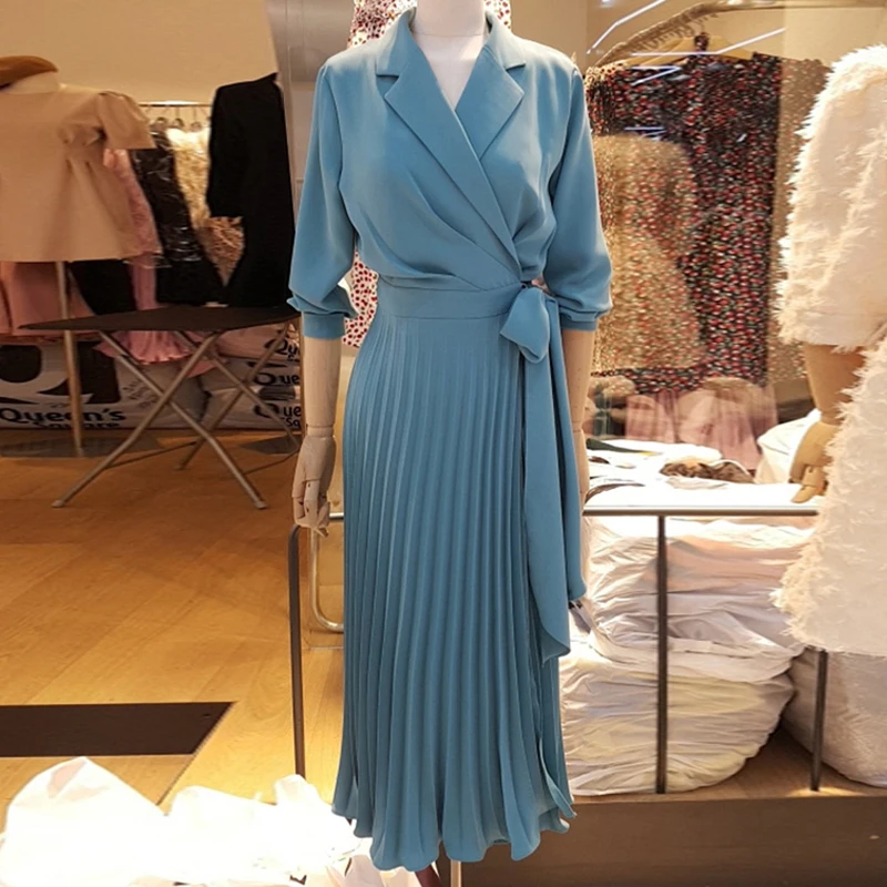 

Autumn 2019 Women Clothing Runway Designer Vintage Long Sleeve Pleated Dress Elegant Suit Collar Black Pink Blue Midi Dress