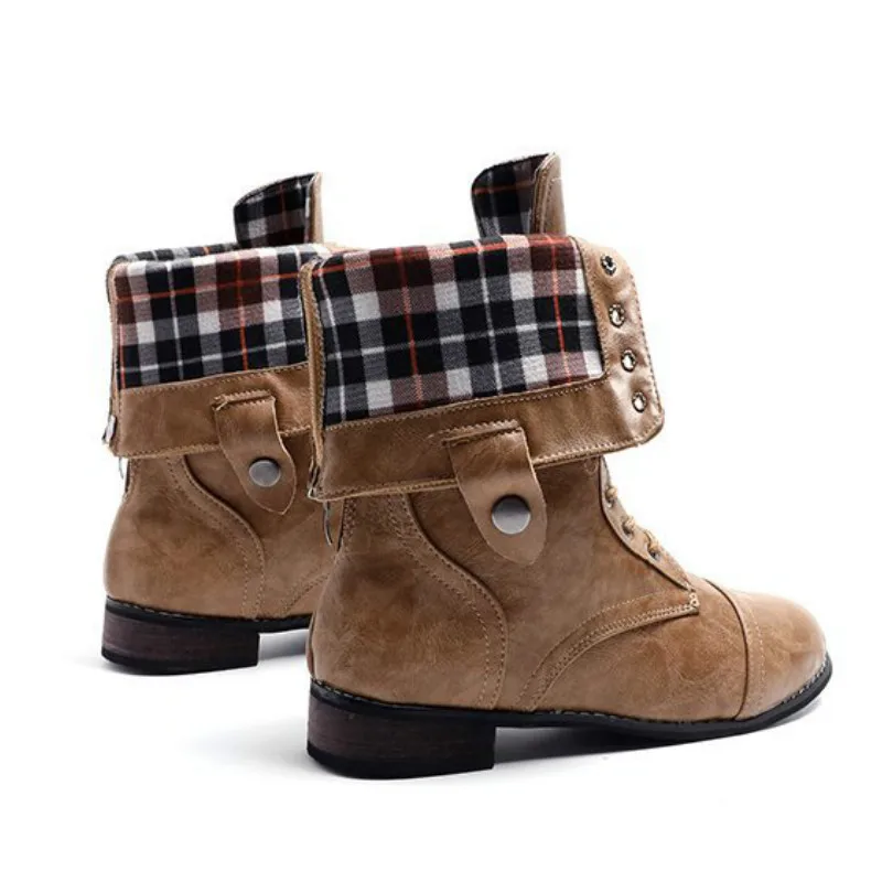 

Winter Flat Bottom Strap Retro Large Size Women Boots Comfort PU Leather Boots Mid-calf Fashion Motorcycle Boots Wear Resistant