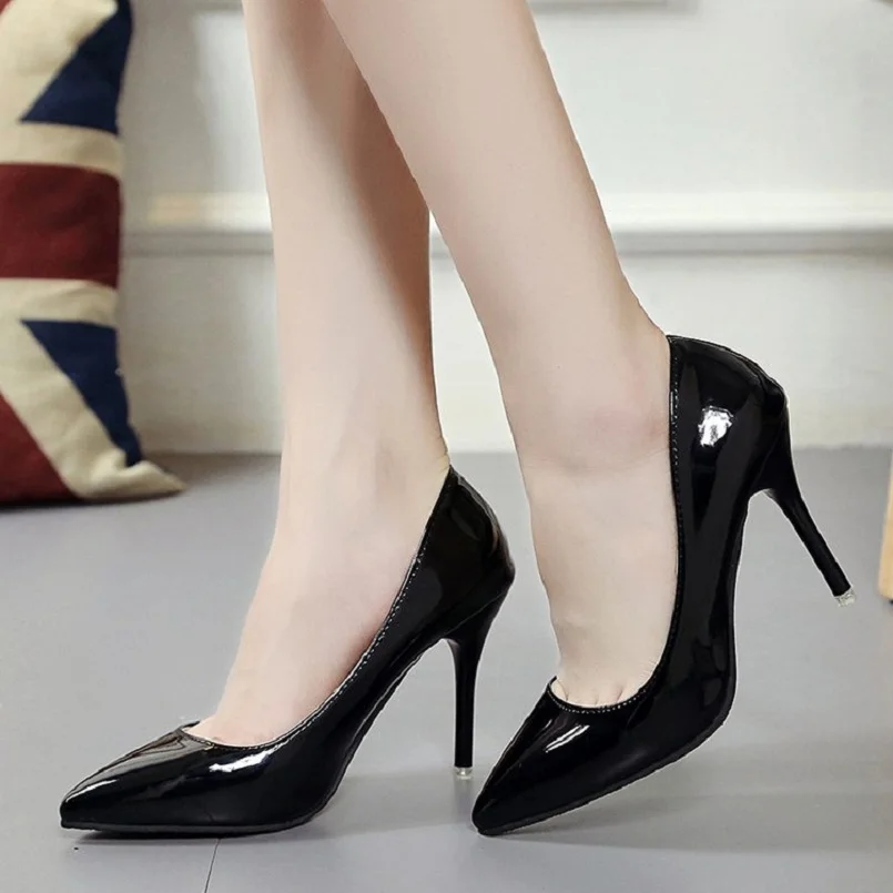

tacones altos lady casual classic black pu leather high heel shoes lady casual street & office high heel pumps cute shoes e2154