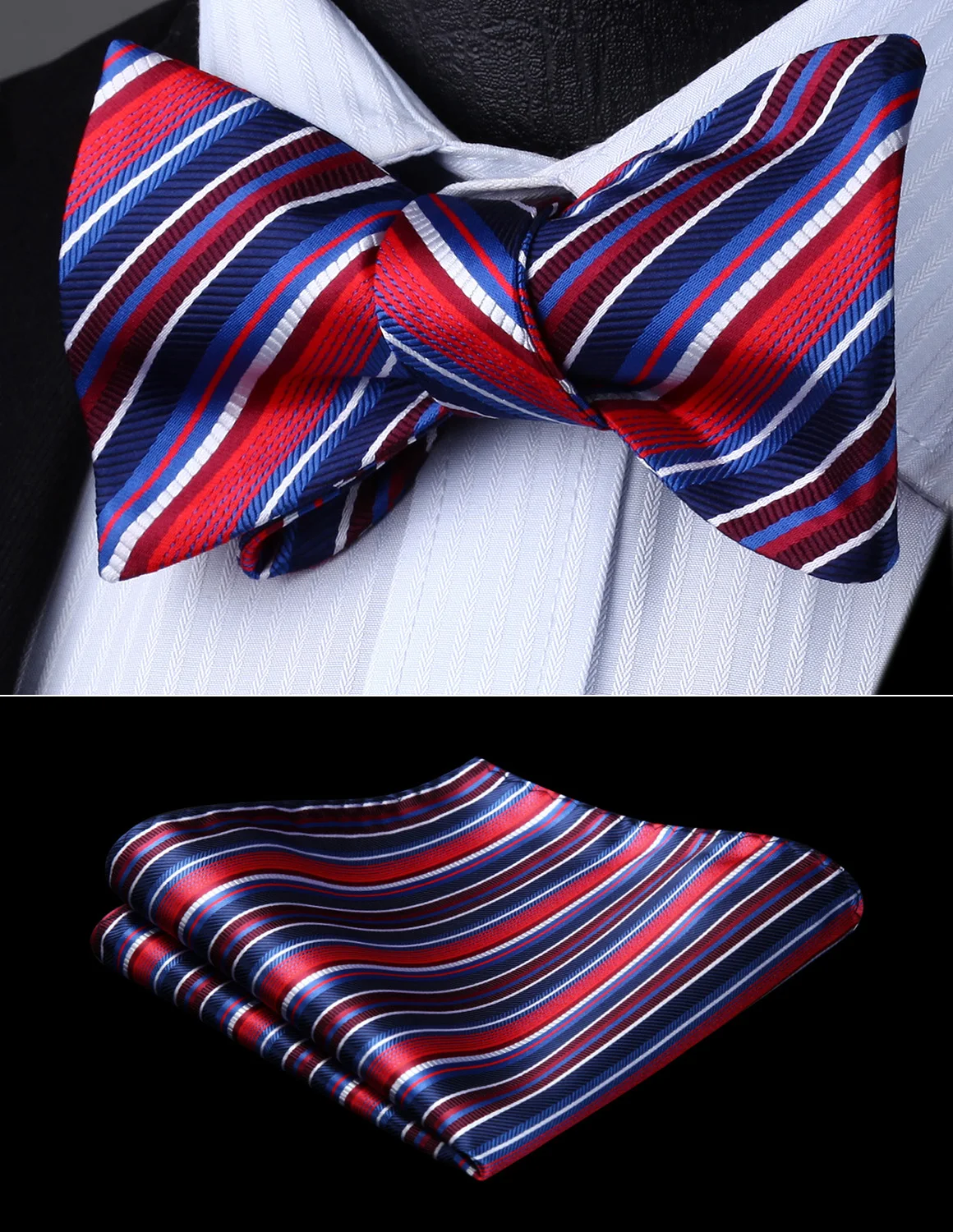 Men Woven Party Wedding Red Blue White Striped Self Bow Tie Pocket Square Set#BS610RS Bow Tie handkerchief set