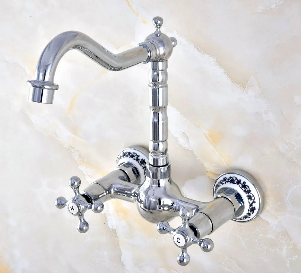 Polished Chrome Brass Ceramic Flower Base Wall Mounted Kitchen Sink Faucet Swivel Spout Mixer Tap Dual Cross Handles anf581