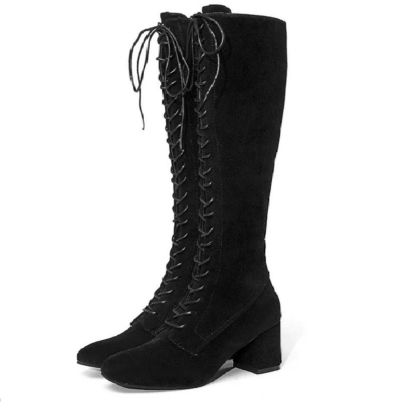 

2018 autumn suede high heel Europe and America large size thick with front lace round head wild women's boots black ljj 1022