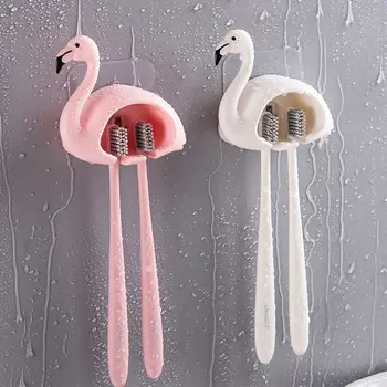 

Flamingo Toothbrush Holder 2 Position Toothpaste Storage Rack Wall-mounted Bathroom Accessory Shaver Jewelry Organize Hook 1 Set