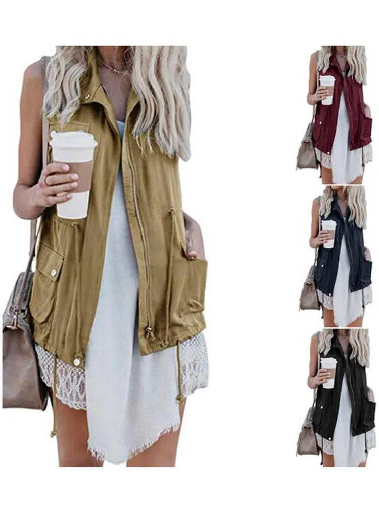 

2019 spring autumn Vest Women Spring Casual Sleeveless Cargo Jacket Multi-pockets Outwear Quick Dry Unisex Coat