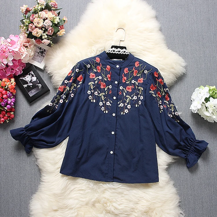 

Alpha New Women Embroidery Blusas Single Breasted Lantern Sleeve Embroidered Flowers Pattern Ladies Vintage Loose Blouses Shirt