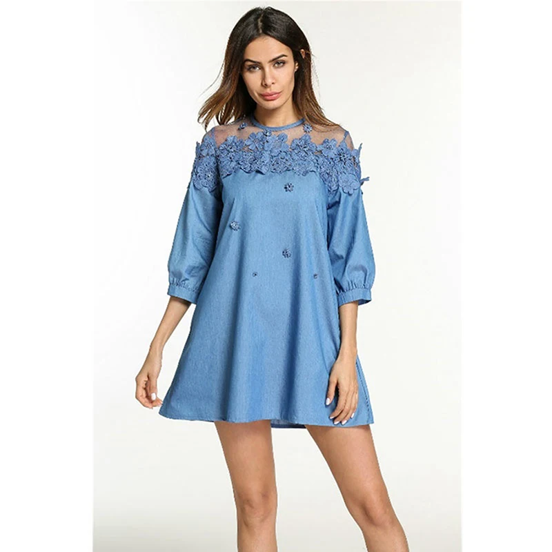 New Lace Bead Patchwork Summer Women Denim Dresses Three Quarter Sleeve