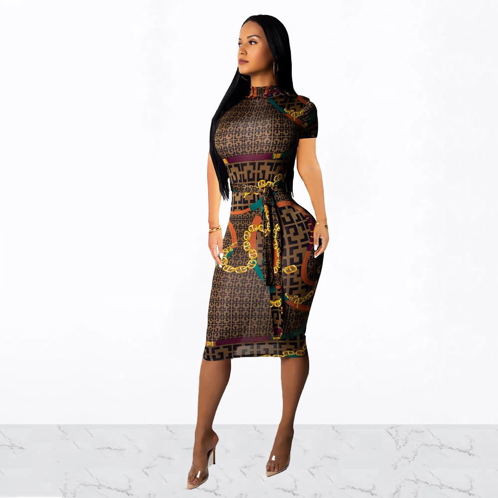 

Women Sexy Turtleneck Short Sleeve Print Bodycon Midi Dress Summer Female Slim Pencil Dresses Night Club Vestidos With Sashes