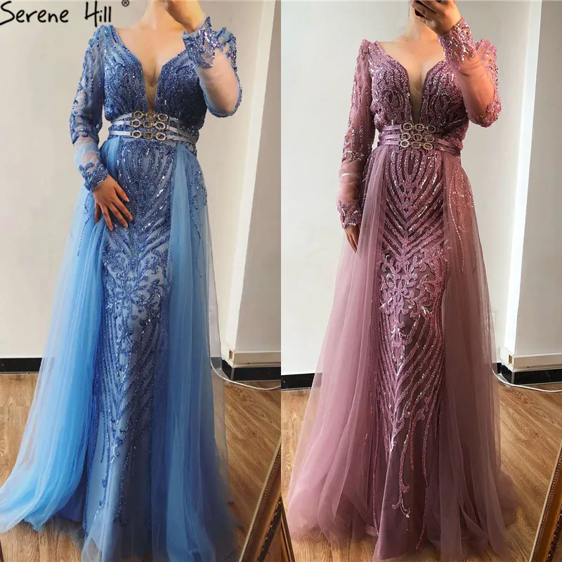 Blue Dubai Luxury Sequined Sparkle Evening Dresses Long Sleeve Beading Evening Gowns Serene Hill Plus Size LA60858