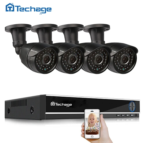 Techage CCTV камера системы 4CH 1080P 2MP AHD камера безопасности DVR комплект IP66 водонепроницаемый комплект наружного домашнего видеонаблюдения 1 ТБ HDD - Цвет: Черный