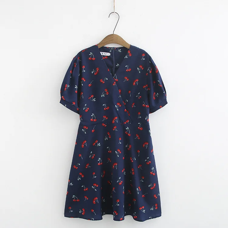 

plus Size Casual Dresses Summer 2019 Women Clothing Fashion Loose Short sleeve Cherry printed chiffon Dress K2-310