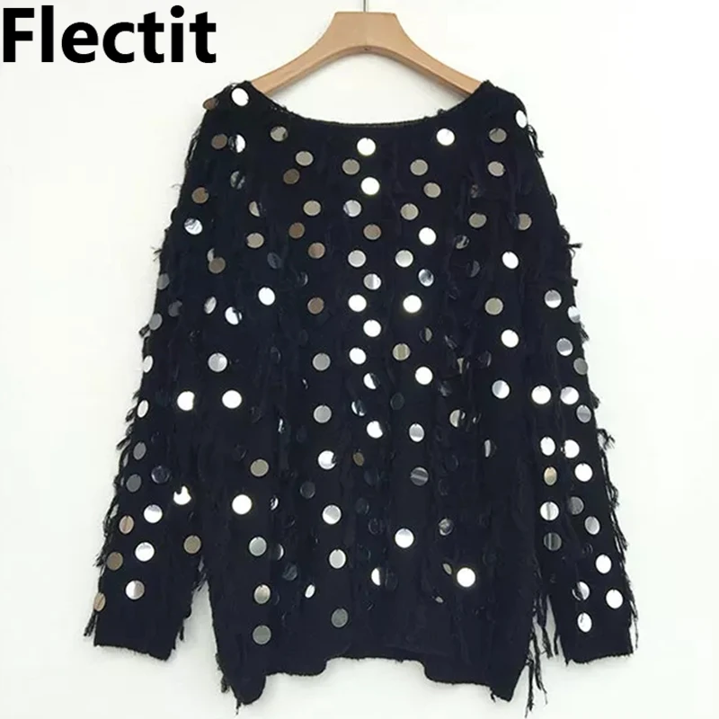 Flectit Women Metallic Sequin Fringe Sweater Black White Sequined Pullover Oversized Long Jumper Autumn Winter Tops