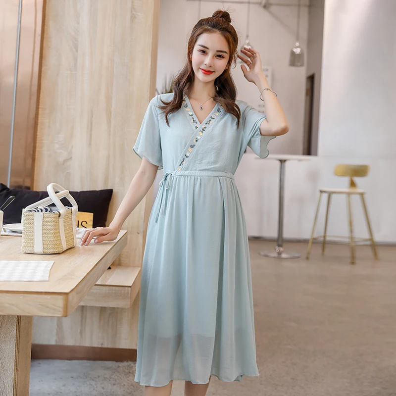 

891# Summer Fashion Maternity Party Log Dress Drawstring Elegant Clothes for Pregnant Women Pregnancy Clothing Drop Shipping