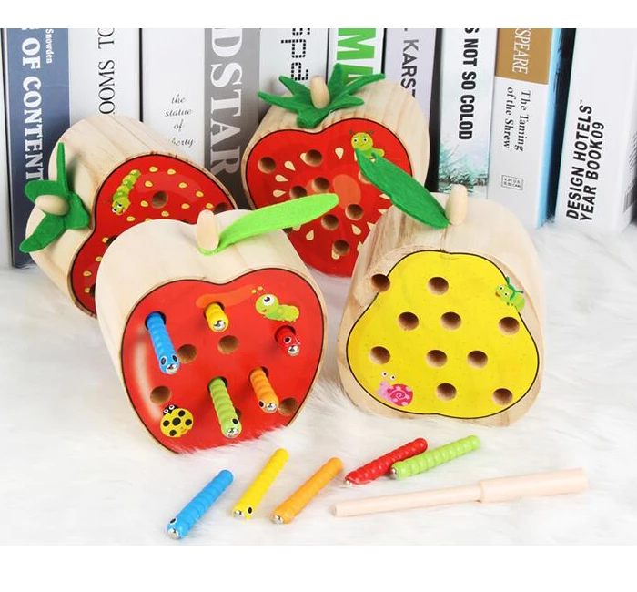 Детская ловушка для насекомых, магнитная игра, клубника, груша, помидор яблоко, деревянные обучающие игрушки для детей, малышей, От 1 до 3 лет