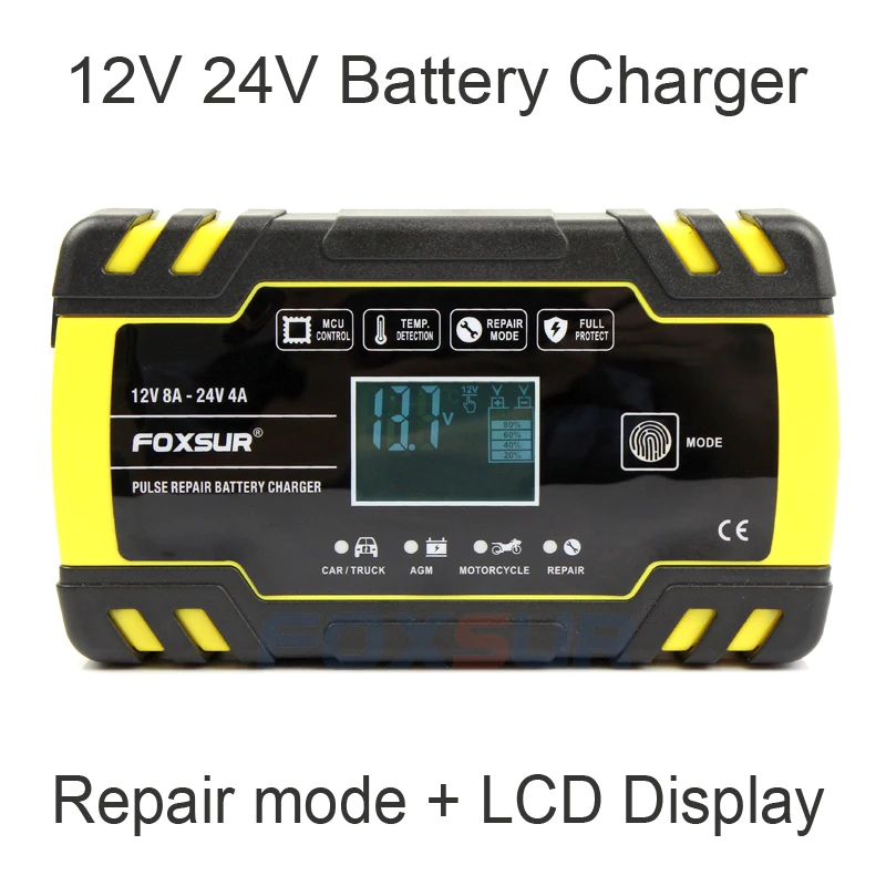 FOXSUR 12V 24V Smart Battery Charger, Car Truck Lead-Acid AGM EFB GEL WET Battery Charger, 100-240V AC input