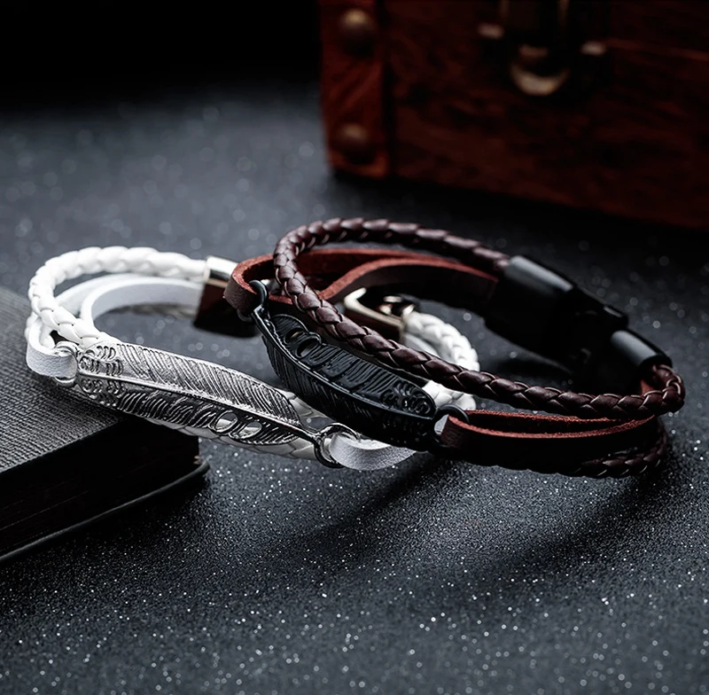 NIUYITID Feather Bracelet Man Leather Alloy Metal Charm Braslet For Men Handmade Friendship Bracelets & Bangles (7)