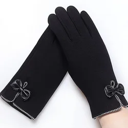 High Quality Fashion Elegant Women Touch Screen Glove Winter Female Lace Warm Cashmere Bow Full Finger Mittens Wrist Guantes 16E