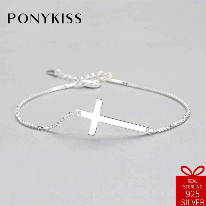 

PONYKISS Religious 100% S925 Sterling Silver Simple Cross Cute Bracelets Fine Jewelry Women Creative Sweet Birthday Party Gift
