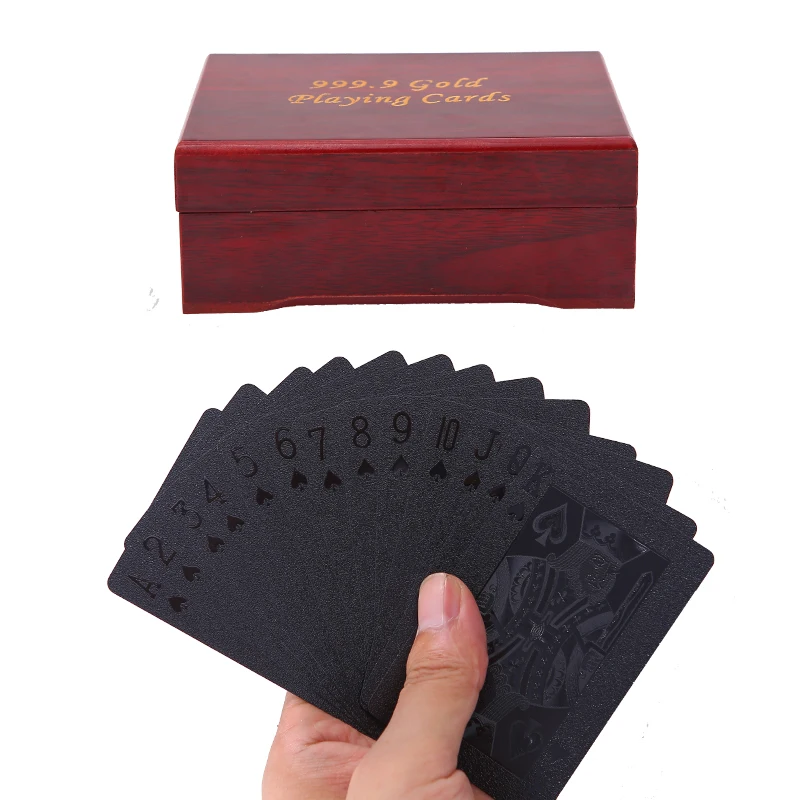 

Gift wooden box pack black golden playing cards waterproof plastic poker cards durable Creative PVC cards Gold Foil game cards