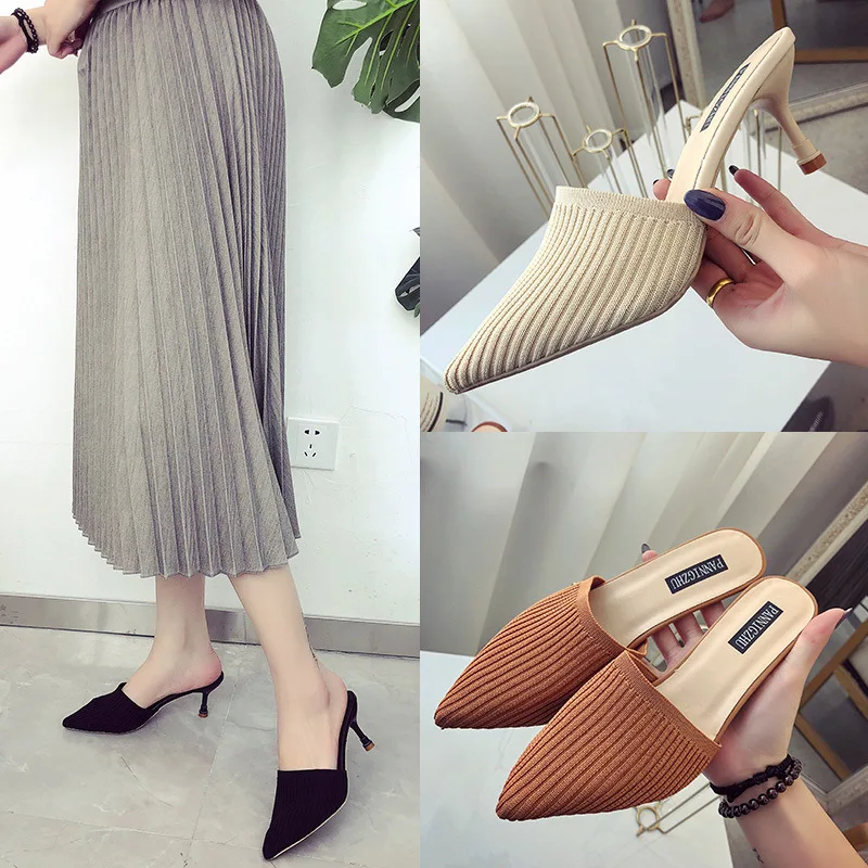 

BZBFSKY women shoes high heel Slipper Summer tip without heel knitting lazy people wearing slippers luxury shoes women designers