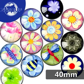 

40mm round glass cabochon flower and dragonfly pictures mixed pattern fit base setting for flat back jewelry 5pcs/lot