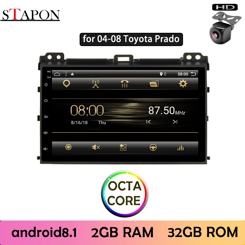 STAPON 9 дюймов prado 2004-08 Android 8,1 2GBRAM Восьмиядерный автомобильный DVD MP5 Мультимедийный проигрыватель с RDS Wi-Fi gps