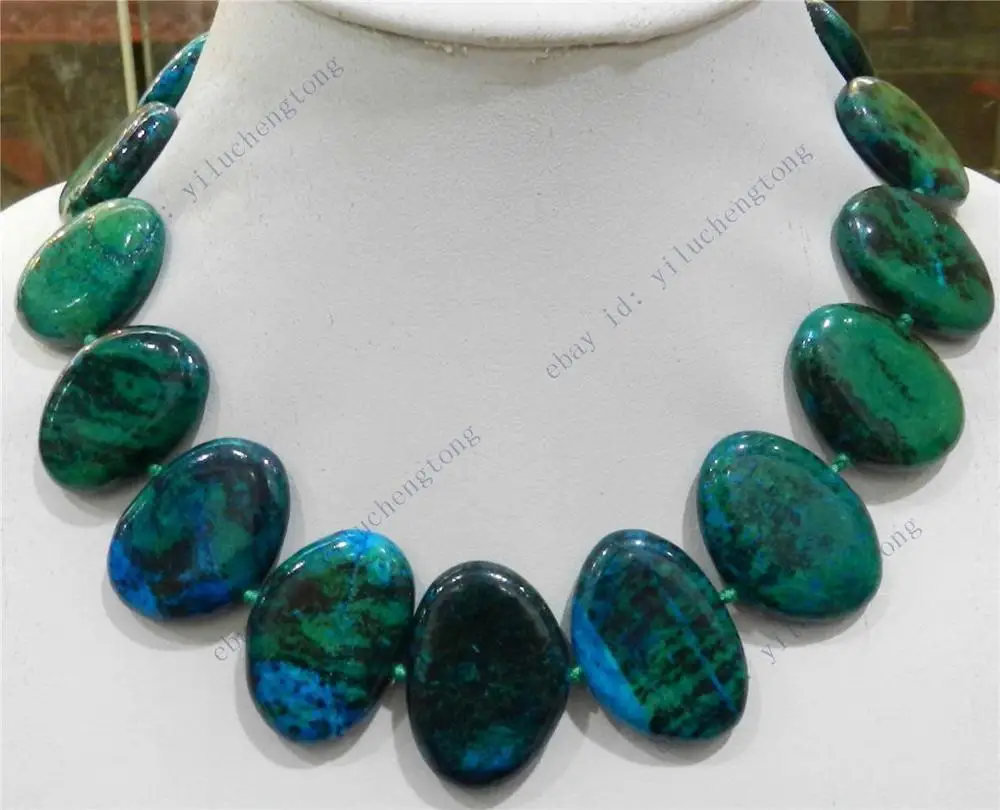 

FREE SHIPPING>>>@@ LARGE 23X32MM FLAT BLOCK-SHAPED AZURITE GEMS PHOENIX STONE BEADS NECKLACE 17" WW