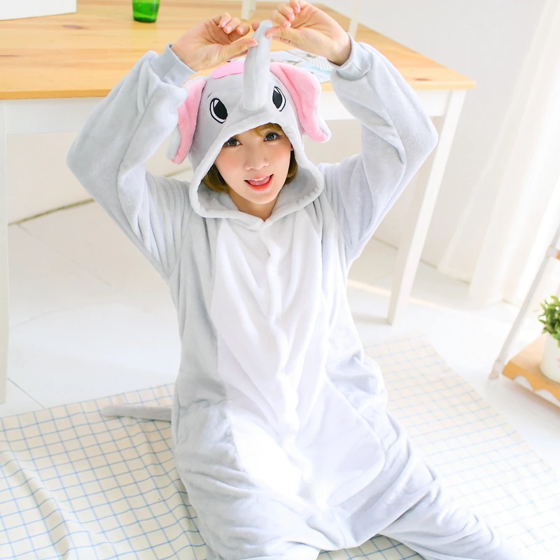 Для взрослых кигуруми Onesie аниме женский костюм слон Хэллоуин косплей мультфильм животных пижамы зимние теплые фланелевые пижамы с капюшоном