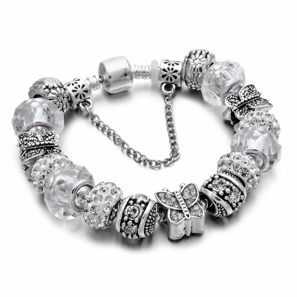 

European Style Plated Silver Butterfly Charm Bracelets for Women Blue Glass beads Original DIY Jewelry Christmas Gift