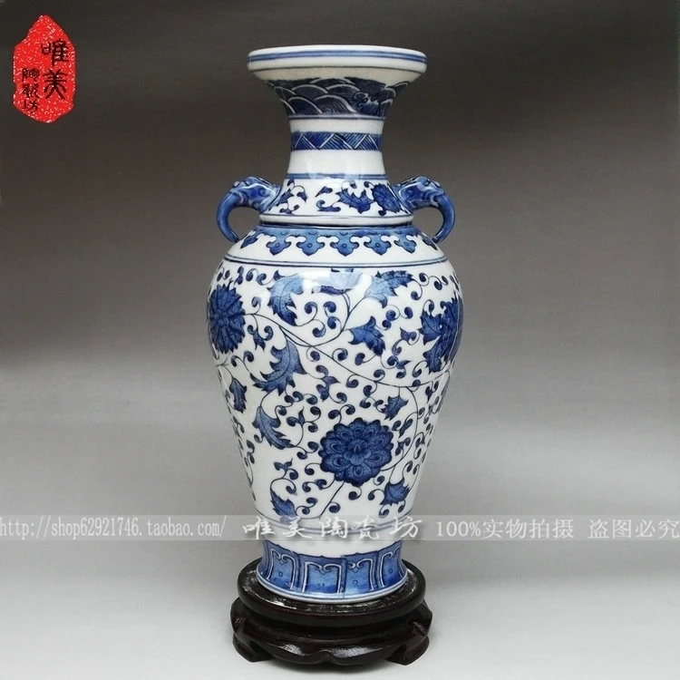 Голубая и белая фарфоровая богатая ротанговая керамическая ваза подарок Античная зеленая ваза
