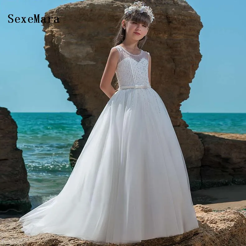 

High Quality Princess Dress Sheer Neck Button Lace Pageant Gown For 2-14 Y Girls Gorgeous Flower Girl Dress For Special Occasion