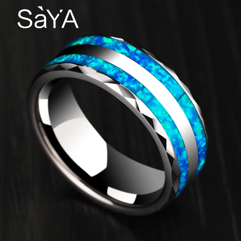 Новое поступление роскошное вольфрамовое кольцо шириной 8 мм для свадьбы, инкрустация из двух предметов, синтетический синий опал для женщин и мужчин, удобная посадка 6-12,5