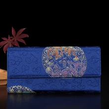 New Ladies Soft Blue Leather and Silk Brocade Patchwork Clutch Wallet Long Card Purse Handbag Free