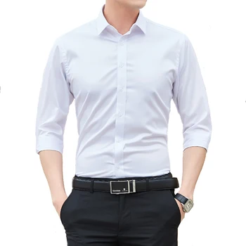 

MOGU Men's New Slim Fit Three Quarter Shirts Fashionable Breathable Solid Shirt High Quality Asian Size 4XL Male Blouse 7 Colors