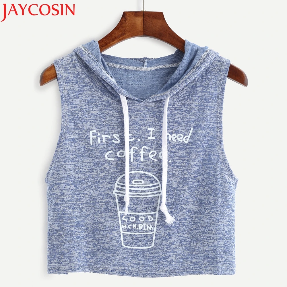 

Women Fashion Sexy Coffee Print Hooded Crop Sleeveless Tops 40#