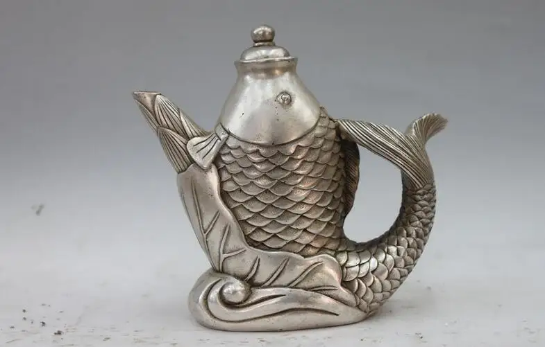 

China White Copper Silver Bamboo Shoot Lucky Carp Fish Teapot Flagon wine pot