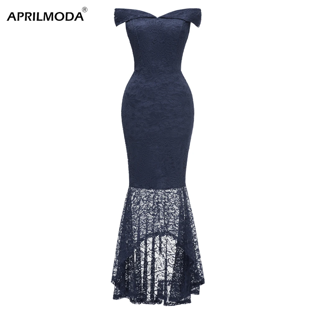 

Lace Long Mermaid Dress Short Front Long Back Slash Neck Bodycon Pencil Sheath Dresses Dark Red Navy Blue Retro Vintage Jurken