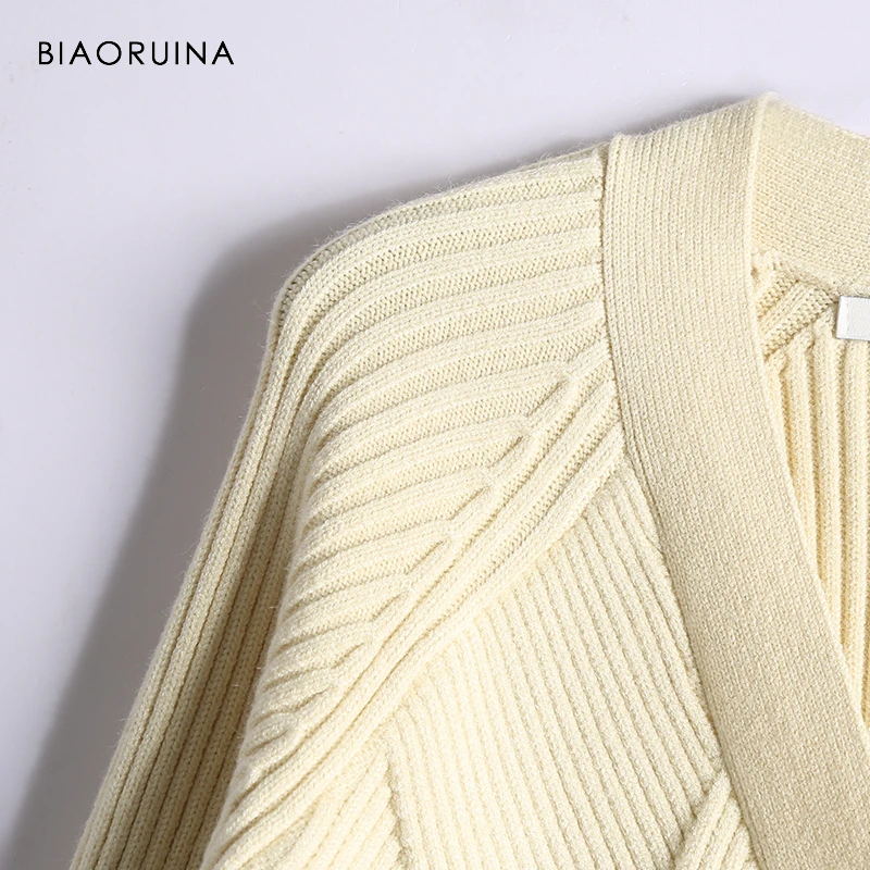 BIAORUINA الأمريكية نمط المرأة كل مباراة تمتد أزياء قصيرة محبوك سترة الإناث عارضة الخامس الرقبة محبوك جديد وصول
