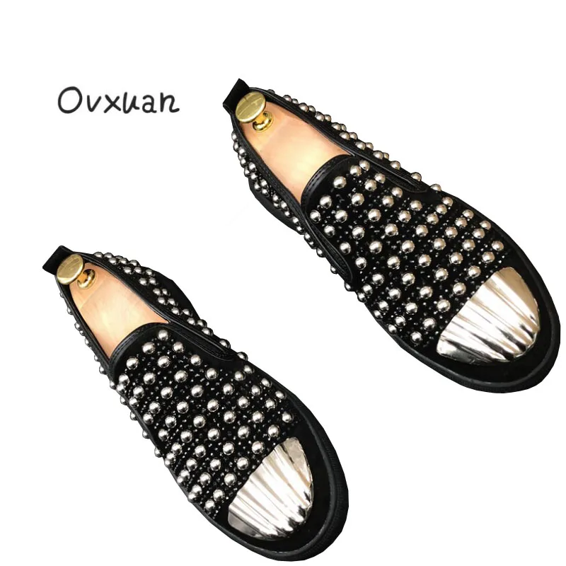 

Ovxuan Men loafers Transparent Diamond Pearl Rivets Surface shell Metal Toe Slip On Prom Banquet Party man flats Rivets shoes