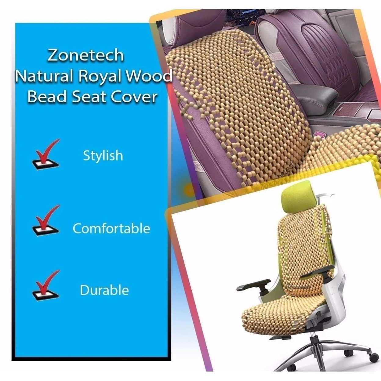 Zone Tech Natural Wooden Beaded Car Seat Chair Cover Massage Cool Cushion Beads (3)