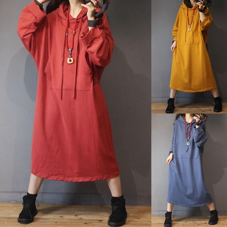 

Spring Autumn Women Casual All-match Ultra Loose Plus Size Vintage Hooded Water Washed Cotton Sweatershirt Dresses