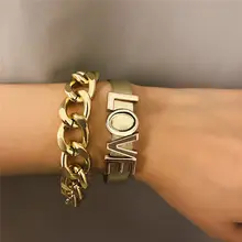 Заявление для Для женщин браслеты из нержавеющей стали, ювелирные изделия, с надписью «LOVE» и Браслеты уникальные, золотистого цвета, большой металлический браслет-цепочка для женщин свадебный подарок