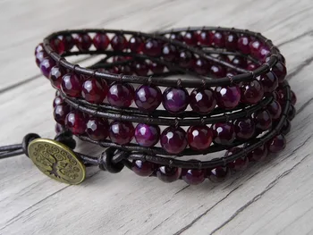 

3 Rows Garnet Beads leather Wrap Bracelet Triple Wrapped Red Beaded bracelet Chic Boho birthstone yoga Jewelry bohemian