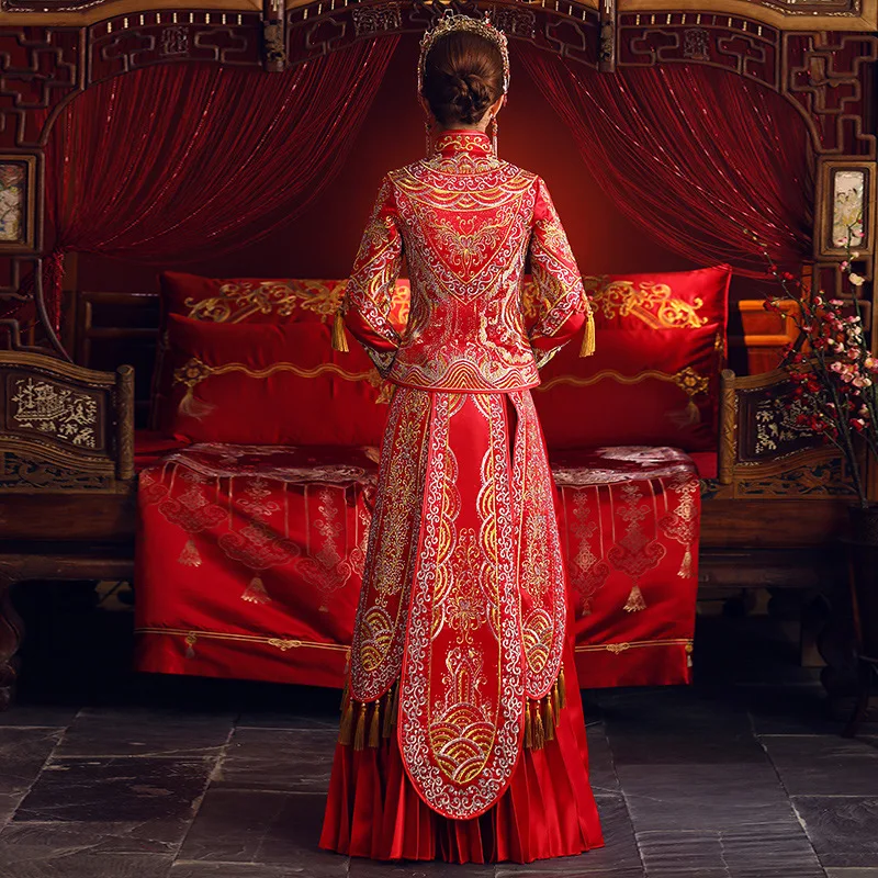 Китайский красный длинный вышивка феникс Qipao древние невесты свадебный тост Костюмы Cheongsam изысканное платье подарок для девочки Vestidos