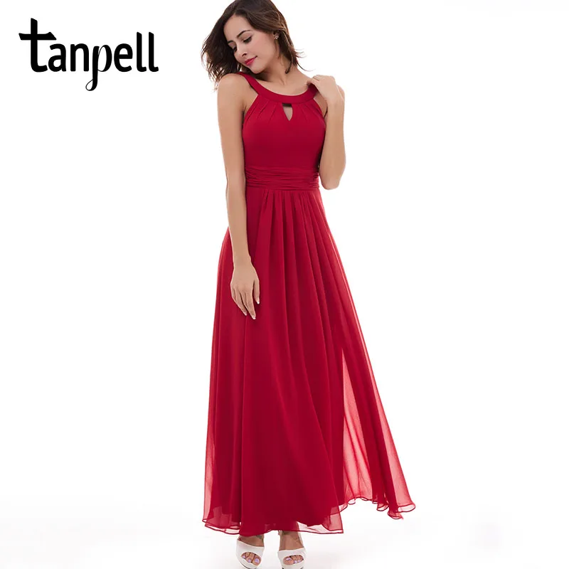 Tanpell scoop evening dress chiffon red sleeveless ruched