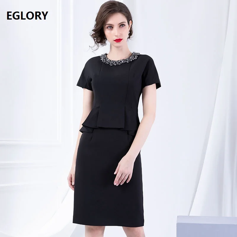 

One Piece Dress 2019 Summer Fashion Business Women Diamond Beading O-Neck Short Sleeve Sheath Dress Black Red Pencil Dress OL