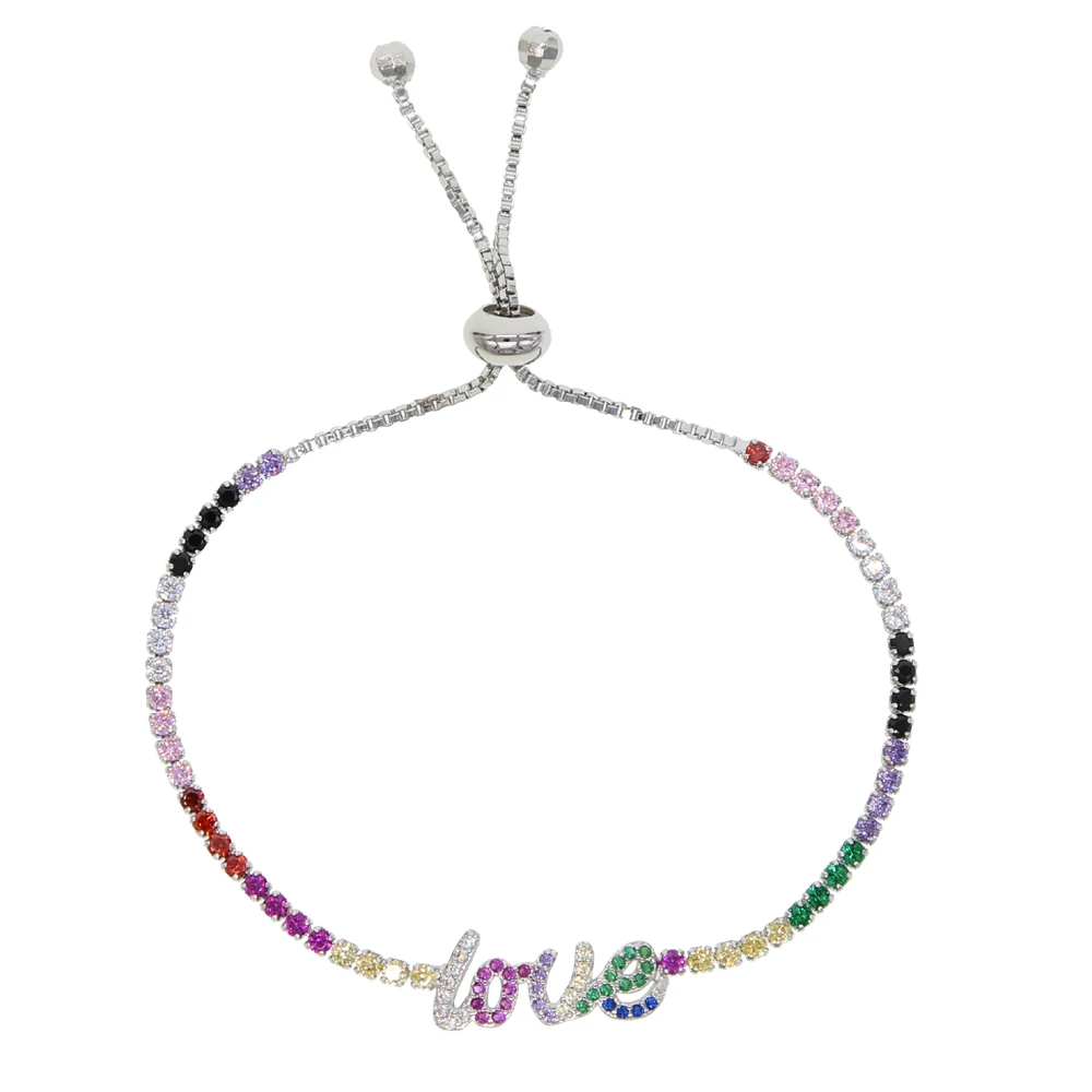 Adjustable Rainbow cz tennis chain Bracelet jewelry with happy peace happy letter charm