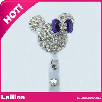 

Clear Rhinestone Dark Purple Bow Minnie Mouse Head Retractable White Badge Reel/ID Badge Holder/Pendant/Id Badge Holder