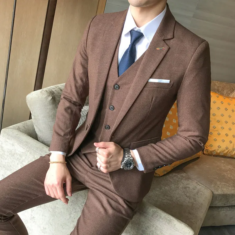Jacket + Vest + Pants / 2018 New Mens Boutique Solid Color Fashion Formal Business Suits 3 Piece Sets / Groom Wedding Dress Suit