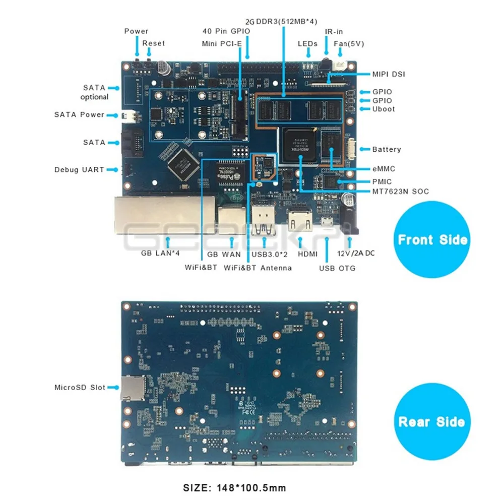 Banana Pi R2 BPI-R2 v1.2 четырехъядерный 2 гб озу с SATA WiFi Bluetooth 8 гб eMMC demo одноплатный